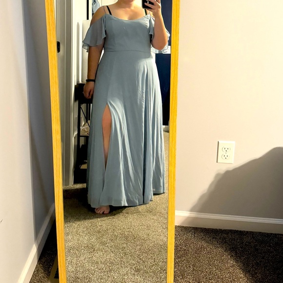 David’s Bridal Dusty Blue Cold Shoulder Dress - Picture 2 of 4